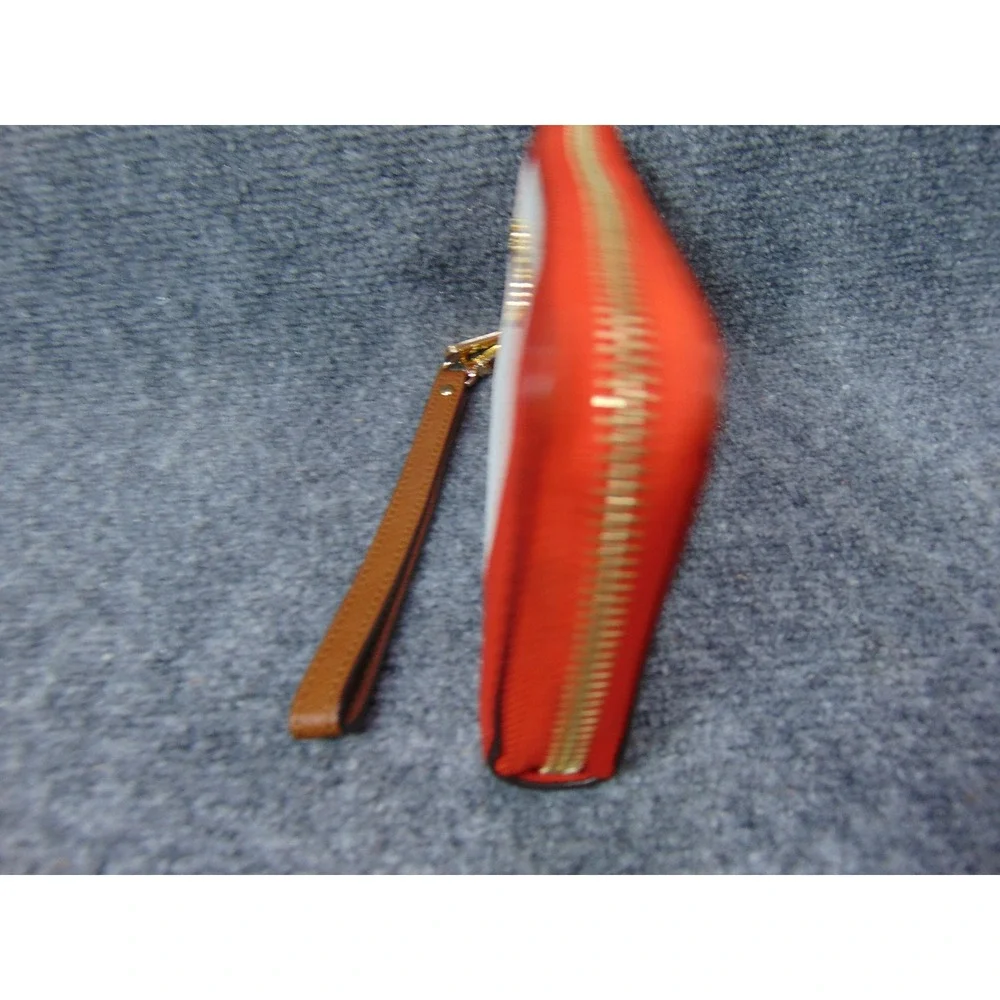 Michael Kors Orange White Stripe Zip Around Wristlet Wallet Clutch Gold Hardware - Picture 3 of 15